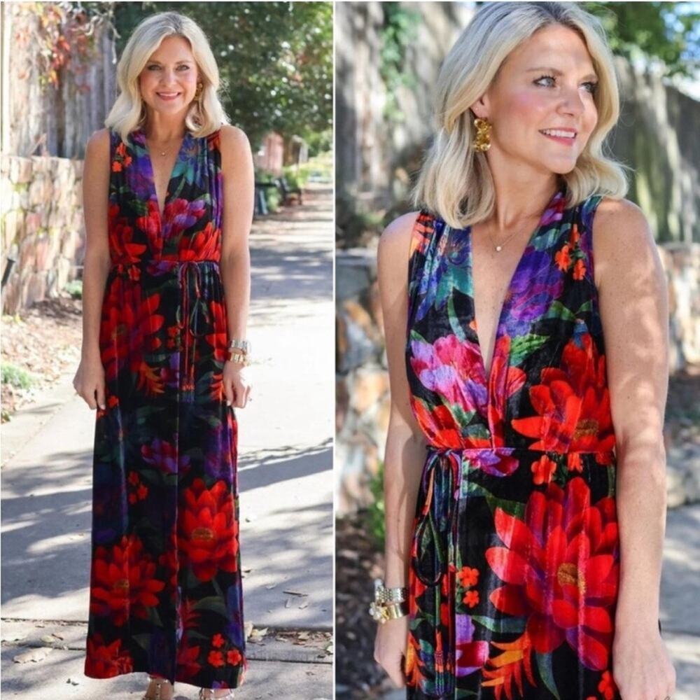 Farm Rio Velvet Black Multi Beaded Fringe Belt Flower Season Maxi Wrap Dress XS - Picture 5 of 9